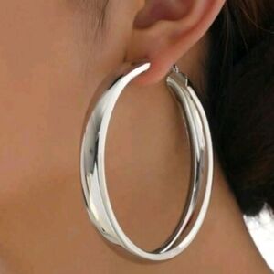 NEW! 14K White Gold Silver Plated| Chunky| Wide| Thick| Large Hoop Earrings